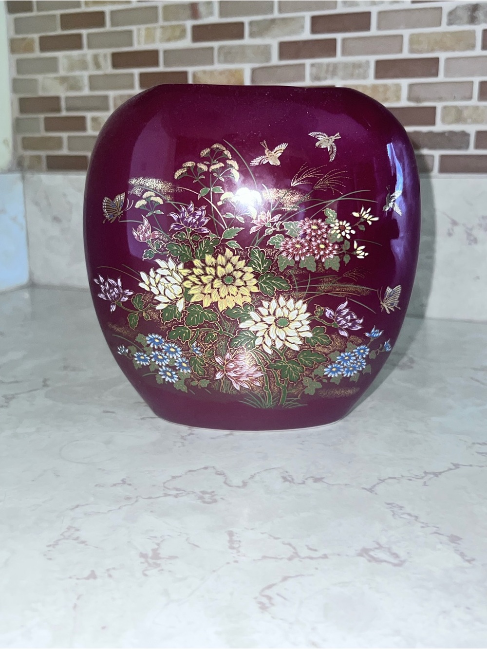 Vintage Floral Ceramic Vase in Deep Plum